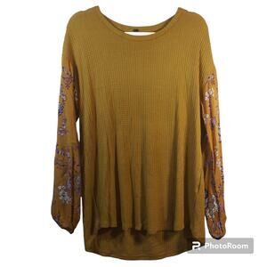 Cupio Yellow Waffle Knit Mixed Media  Boho Top Size L